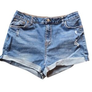 Love Tree Denim Womens Denim Shorts L High Waist Roll Cuff Distressed Beachy Mom